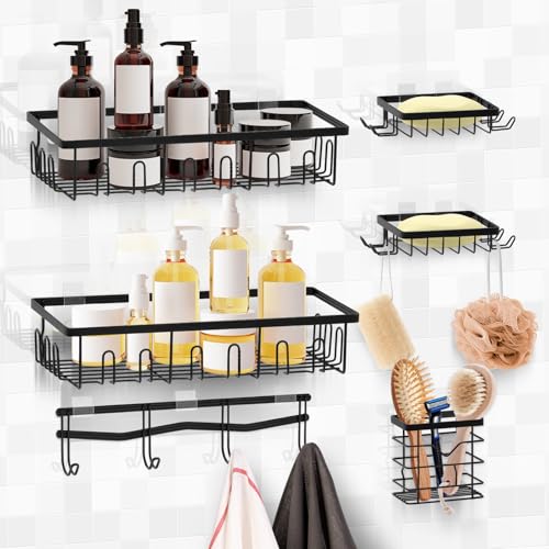6 Stück Duschablage Ohne Bohren, Selbstklebend Badezimmer Organizer mit 32 Haken Seifenschale und Rasiererhalter, Duschregal Ohne Bohren für Bad und Küche Schwarz von HUOMAQFAN