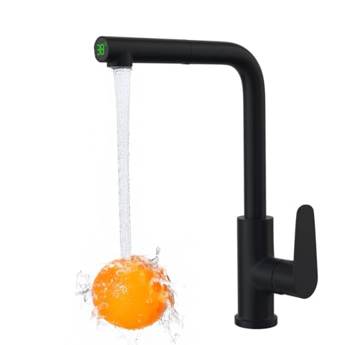 Wasserfall Wasserhahn Küche Ausziehbar, Küchenarmatur Ausziehbar Hochdruck mit Bruase, 360° Drehbar Wasserhahn Küche Ausziehbar für Küche (Schwarz) von HUOMAQFAN