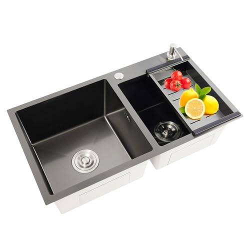 HUOMMGS 2 Becken Küchenspüle Unterbau Küchen Spüle Edelstahl Spülbecken 78x43cm Spülbecken Schwarzgrau Rechteckig Hausspüle Arbeitsplatz-Küchenspüle mit 2 Abflussrohre und 2 Siebe für Haushalten, Bars HUOMMGS 2 Becken Küchenspüle Unterbau Küchen Spüle Edelstahl Spülbecken 78x43cm Spülbecken Schwarzgrau Rechteckig Hausspüle Arbeitsplatz-Küchenspüle mit 2 Abflussrohre und 2 Siebe für Haushalten, Bars von HUOMMGS