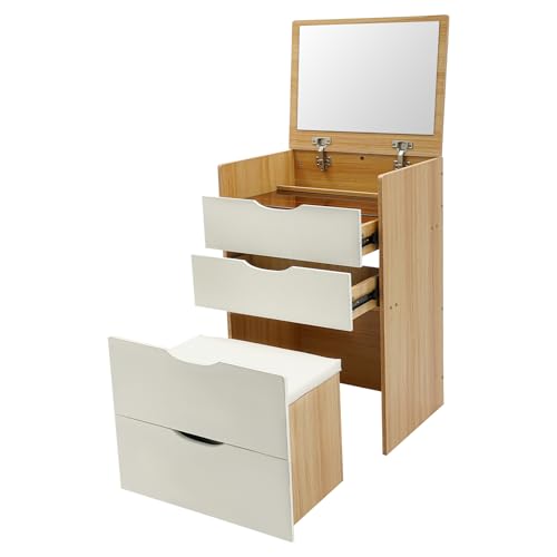HUOMMGS 3 In 1 Schminktisch mit Hocker Kleiner Schminktisch Flip Top Schmink Tisch Schmal Schminktischs Freistehend Frisiertisch mit 3 Schubladen, Spiegel Klappbarer Frisier Tisch (Log + Creme Weiß) von HUOMMGS