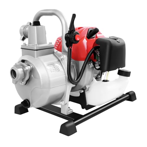 HUOMMGS Benzin Wasserpumpe 2-Takt 43CC Wasser Pumpe mit 8M Saugleistung, 30M Förderhöhe 10 m³/h Benzinmotorpump 1,7 HP Wasserpumpe mit Manueller Start 1,25 KW Upgradewasserpumpe für Gärten von HUOMMGS