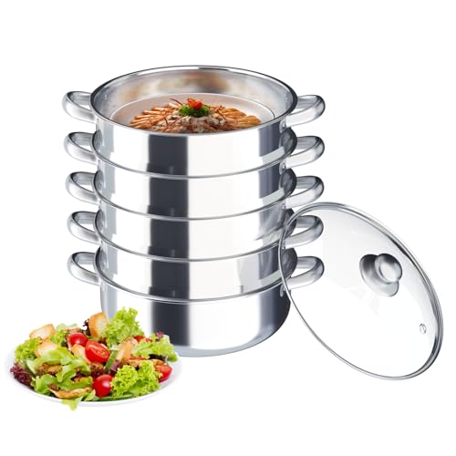 HUOMMGS Dampfkocher 5 Etagen Dampftopf Edelstahl Dampfgarer Multifunktional Dampfkochtopf Poliert Silber Gardampftopf Gardampfkochtopf Set Gemüse Dampfgarer mit Topfdeckel, Griffe für Induktionsherd von HUOMMGS