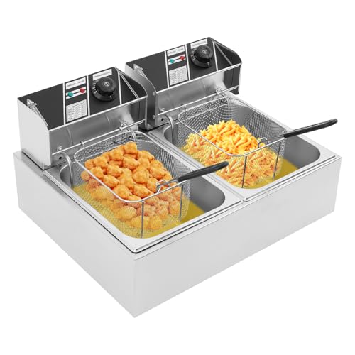 HUOMMGS Doppel Fritteuse 2 x 2,5KW Elektrofriteuse 2 x 6L Friteuse mit 2 Frittierkorb Edelstahl Doppelfritteuse mit 60-200℃ Temperaturregelung Doppeltankfritteuse für Restaurants, Cafés von HUOMMGS