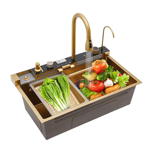 HUOMMGS Multifunktionale Küchenspüle 75x46 cm Unterbau Montageart Edelstahl Spülbecken Rechteckig Gold Spülbecken mit Wasserhahn, Temperaturregler und Mehrere Wasserausgabemodi Küchen Spüle für Küchen von HUOMMGS