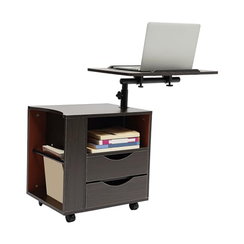 HUOMMGS Nachttisch mit Rollen Mobiler Beistelltisch 360° Drehbarer Beistelltisch 15-33cm Höhenverstellbar Betttisch mit 2 Schubladen, Schwenkplatte 50 x 40 x 46cm Nacht Tisch (Walnuss Dunkel) von HUOMMGS