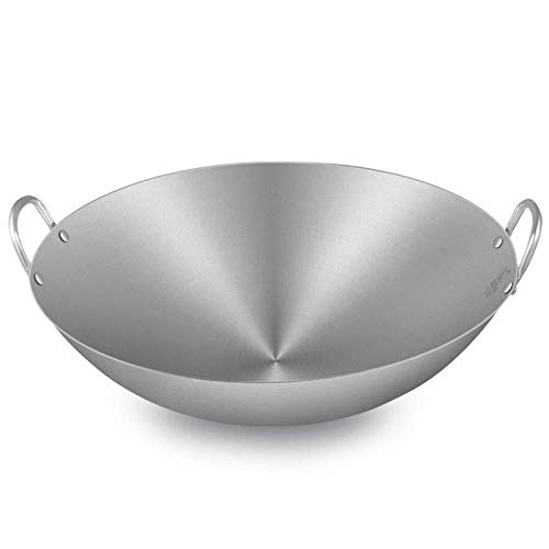 HUOQILIN Wok Dicker Edelstahl Binaural Runder Boden Gewerblicher Haushalt Antihaftpfanne Unbeschichteter Gasherd,45cm von HUOQILIN