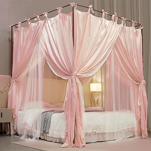 HUOQOU 4-Pfosten Prinzessinnen Betthimmel – Doppelschichtiges, Gemütliches Moskitonetz aus Mesh & Stoff für Mädchenzimmer Dekoration (Rosa, 1.8W*2L*2.1H(m)) von HUOQOU