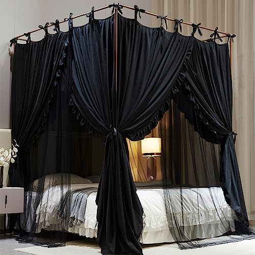 HUOQOU 4-Pfosten Prinzessinnen Betthimmel – Doppelschichtiges, Gemütliches Moskitonetz aus Mesh & Stoff für Mädchenzimmer Dekoration (Schwarz, 1.2W*2L*2.1H(m)) von HUOQOU
