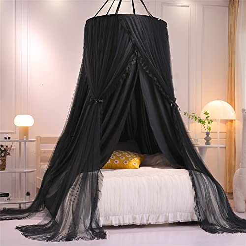 HUOQOU Doppelschicht Prinzessin Runde Kuppel Baldachin Bett Vorhang für Mädchen Erwachsene Kinder verträumte Moskitonetz Nette Schlafzimmer Dekoration Schloss Spielen Zelt Leseecke (Schwarz/Schwarz) von HUOQOU