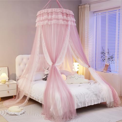 HUOQOU Prinzessin Bett Baldachin für Mädchen Bett Baldachin Vorhang-Doppelschicht Sheer Mesh Kuppel Bett Vorhang-Runde Spitze Prinzessin Moskitonetz Zelt für Twin Full Queen Bett (Rosa/Weiß-3) von HUOQOU