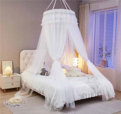 HUOQOU Prinzessin Bett Baldachin für Mädchen Bett Baldachin Vorhang-Doppelschicht Sheer Mesh Kuppel Bett Vorhang-Runde Spitze Prinzessin Moskitonetz Zelt für Twin Full Queen Bett (Weiß/Weiß-3) von HUOQOU