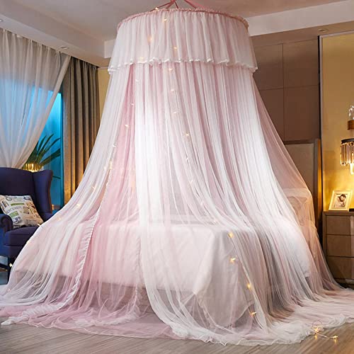 HUOQOU Prinzessin Bett Baldachin für Mädchen Bett Baldachin Vorhang-Doppelschicht Sheer Mesh Kuppel Bett Vorhang-Runde Spitze Prinzessin Moskitonetz Zelt für Twin Full Queen King Bett (Rosa/Weiß) von HUOQOU