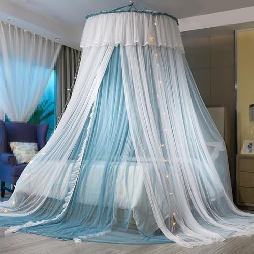 HUOQOU Prinzessin Bett Baldachin für Mädchen Bett Baldachin Vorhang-Doppelschicht Sheer Mesh Kuppel Bett Vorhang-Runde Spitze Prinzessin Moskitonetz Zelt für Twin Full Queen King Bett (blau/Weiß) von HUOQOU