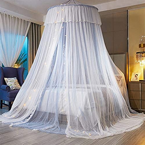 HUOQOU Prinzessin Bett Baldachin für Mädchen Bett Baldachin Vorhang-Doppelschicht Sheer Mesh Kuppel Bett Vorhang-Runde Spitze Prinzessin Moskitonetz Zelt für Twin Full Queen King Bett (grau/Weiß) von HUOQOU