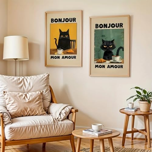 2 stücke Bonjour Mon Amour Lustige Schwarze Katze Kaffee Leinwand Druck Poster Retro Niedliche Tier Abstrakte Kunst Stil Home Decor Poster Geschenke, A2 (42X60CM) von HURCP