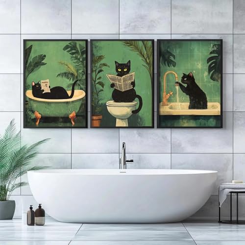 3er Set Leinwandbilder Poster Abstrakt Lustig Badezimmer Schwarz Katze Retro Tier WC Cafe Bar Grün Wand Kunst Drucke Geschenk Schlafzimmer Wohnzimmer Schlafsaal Galerie Korridor Dekor Bild, A4 (21X30C von HURCP