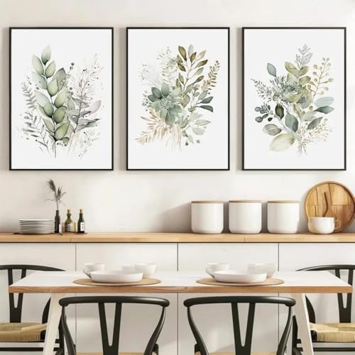 3er Set Leinwandbilder Poster Aquarell botanisch Salbei Grün Beige Wild Blumen Bündel Moderne Wandkunst Malerei Geschenk Schlafzimmer Wohnzimmer Schlafsaal Galerie Korridor Dekor Bild Drucke, 30x40 CM von HURCP