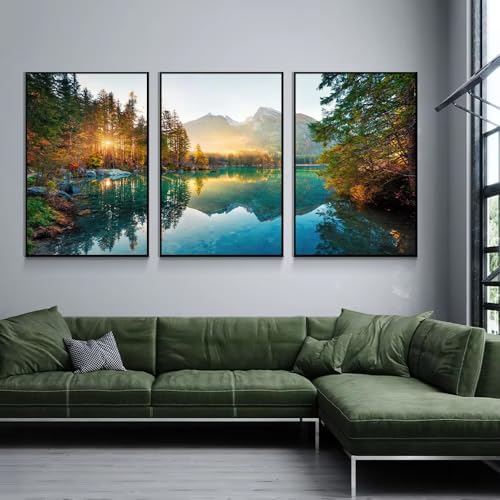 3er Set Leinwandbilder Poster Natur Landschaft Berg Sonne Baum Reflexion Auf Dem See Grün Wand Kunst Drucke Geschenk Schlafzimmer Wohnzimmer Schlafsaal Galerie Korridor Dekor Bild, 50x70 CM (19.7x27.6 von HURCP
