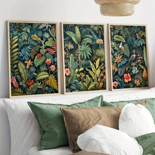 3er Set Leinwandbilder Poster Vintage Dschungelland Blume Vögel Pflanze Tropische Blätter Waldland Grün Öl Wand Kunst Drucke Geschenk Schlafzimmer Wohnzimmer Schlafsaal Galerie Korridor Dekor Bild, 40 von HURCP