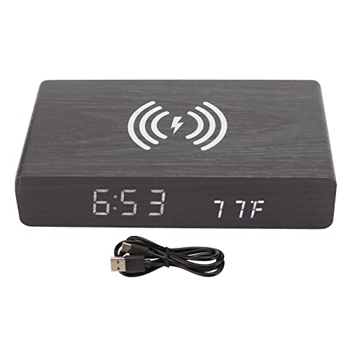 HURRISE LED-Uhr aus Schwarzem Holz mit Kabelloser Aufladung für das Schlafzimmer von HURRISE
