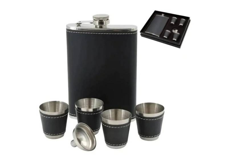 HURTNET Flachmann Flachmann Set 270ml mit 4 Bechern und Etui – Perfektes Geschenk, Edelstahl-Flachmann mit 4 Bechern, Trichter & Etui in Geschenkbox von HURTNET