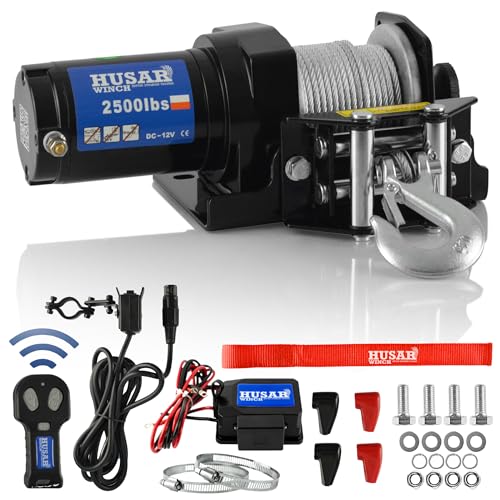 Husar Winch Elektrische Seilwinde 12V, 2500 lbs 1133 kg, Drahtseil 10 Meter lang, sehr stark,kabellose Steuerung, automatische Bremse, Montagesatz - ideal für Quads und ATV/UTV von HUSAR winch