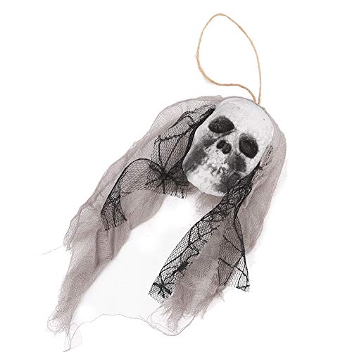 HUSHUI Halloween Hanging Schädel, 2pcs Gruselige Skelettdekoration mit Feinem Leinenseil und Flatternndem Masch Gaze, für Horror Party Türgarten Bardekoration (Grau) von HUSHUI