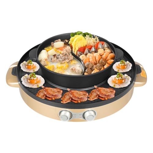 2200W Hot Pot Elektrischer, 2 in 1 Hotpot Topf und Raclette Grill, Multifunktion Grill Hot pot mit Abnehmbar Kochplatte, Rauchfreier Geteilter Shabu-Grilltopf für Wohnheim Zuhause (Gold) von HUSPOO
