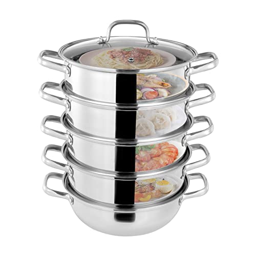 28cm Dampfkocher, 5 Etagen Edelstahl Dampfgarer mit Glasabdeckung Induktion Kochtopf Dampfgarer für Alle Herdarten Geeignet (Silbrig, 28cm) von HUSPOO