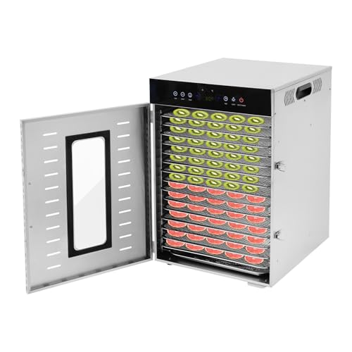Dörrautomat Edelstahl 1350W, 16-fach Dörrgerät mit 360° Luftzirkulation, 30-90°C Temperaturregler, Lebensmittel Dehydrator für Obst, Fleisch, Gemüse, Kräuter, Großkapazität von HUSPOO