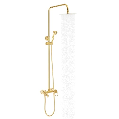 Duschsystem Regendusche Rainshower Duscharmatur Set Handbrause Regenbrause Retro Gold Duschset Verstellbarer Höhenverstellbar 80~120cm von HUSPOO
