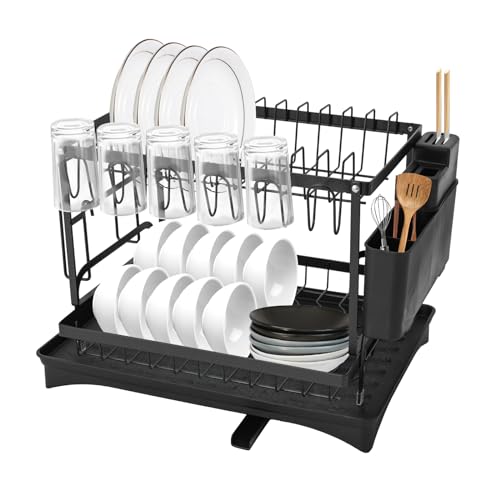 HUSPOO Abtropfgestell Geschirr 2-Etagen, Geschirrabtropfgestell Kohlenstoffstahl, Geschirrtrockner mit Utensilienhalter und Abtropfschale, für die Küchentheke (Schwarz) von HUSPOO