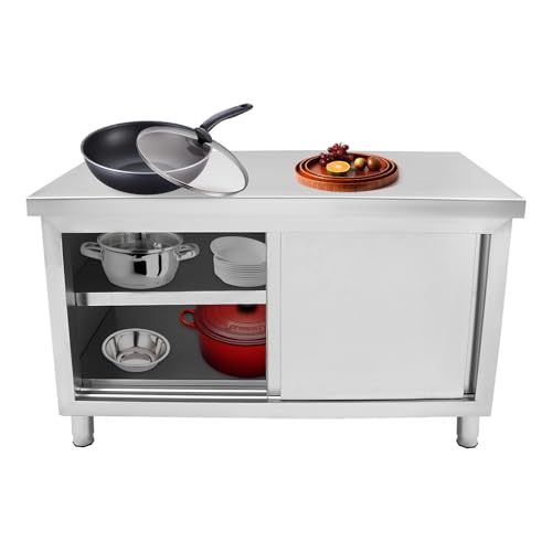 HUSPOO Edelstahl Arbeitstisch Schrank mit Schiebetüren, Kommerzieller Arbeitsschrank, Freistehend Edelstahlschrank, 3-Ebenen Lagerung für Küche Restaurant Garage Garten Outdoor (120 * 50 * 86cm) von HUSPOO