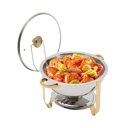 HUSPOO Edelstahl Chafing Dish Rund, 5L Speisenwärmer Buffetwärmer Wärmebehälter mit Glas-Sichtdeckel und Deckelhalter für Hotel Catering Buffet Hochzeit und Pa (Gold) von HUSPOO