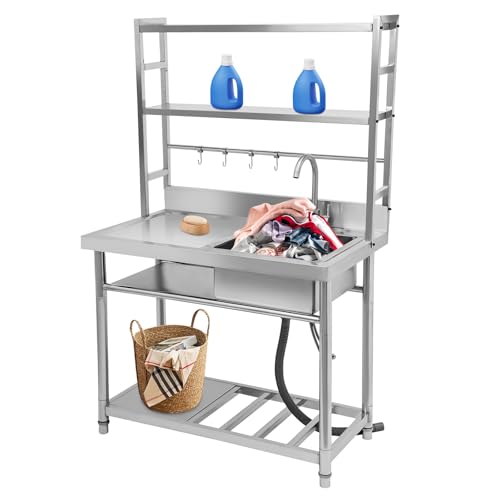 HUSPOO Edelstahl Küchenspüle mit Unterschrank & 4 Haken - Rechte Spüle 100x50cm für Außenbereich, Gartenküche und Camping - Inkl. Wasserhahn und Lagerregalen von HUSPOO