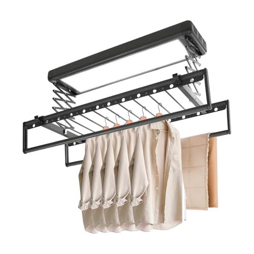 HUSPOO Elektrischer Wäscheständer, Höhenverstellbar Wand Wäschetrockengestell mit Fernbedienung und Beleuchtungs, Deckenmontage, Kohlenstoffstahl und Aluminiumlegierung, Ausziehbar (Grau) von HUSPOO