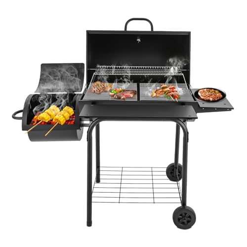 HUSPOO Holzkohlegrill mit Deckel & 2 Rädern - XXL Smoker Grillwagen Groß für Garten und Camping, Schwarz - Inkl. Thermometer und Ablageflächen, Grill für Camping und Garten von HUSPOO