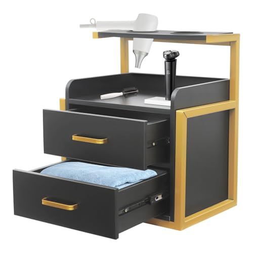 HUSPOO Wandschrank für Friseur Salon, Werkzeugschrank Wandmontiert mit Haartrockner Halterung und 2 Schubladen, Beauty Aufbewahrungsschrank für Salons, Friseurgeschäfte, 40x30x48 cm (Gold + Schwarz) von HUSPOO