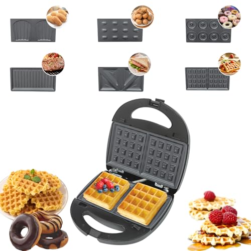 Sandwichmaker - 6 in 1 Multifunktionaler Waffelbereiter (Sandwich Maker, Waffeleisen, Kontaktgrill), 750W Elektrischer Waffelbereiter Tischplatte, Doppelseitiges Backen bei Konstanter Temperatur von HUSPOO
