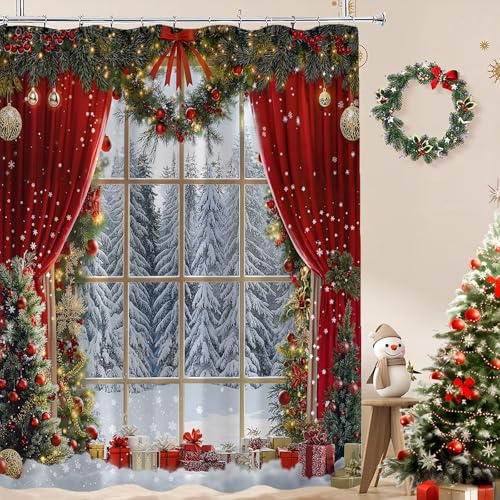 Duschvorhang für den Winter, Weihnachten, Schnee, Wald, Tannenbaum, rote Fensterszene, Weihnachtsbaum, Kugel, Schneeflocke, Natur, Schnee, rustikal, Weihnachten, Urlaub, Bauernhaus, Neujahr Duschvorhang für den Winter, Weihnachten, Schnee, Wald, Tannenbaum, rote Fensterszene, Weihnachtsbaum, Kugel, Schneeflocke, Natur, Schnee, rustikal, Weihnachten, Urlaub, Bauernhaus, Neujahr von HUSPWP