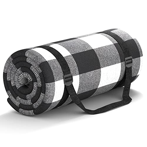 HUTHIM Picknickdecke 200x200cm, Stranddecke Wasserdicht Sandfrei Outdoor Decke Waschbar XXL Picknickdecken, Faltbar Strandmatte mit Schultergurt, ideal für Strand Park (Schwarz-Weiß-Gitter) von HUTHIM