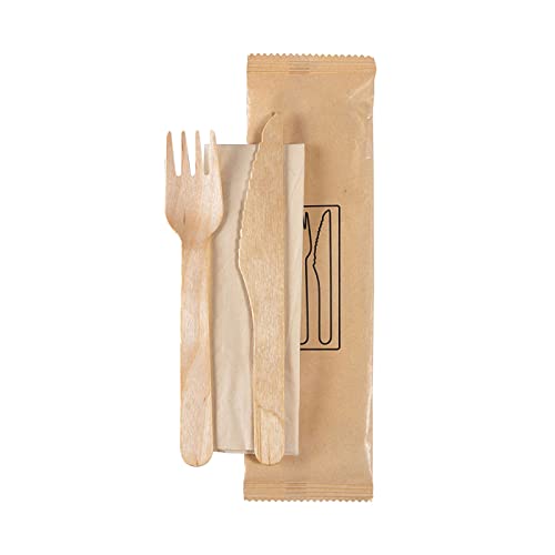 250 Stück FSC Holzbesteck Set inkl. Serviette | Länge Gabel: 160 mm Länge Messer: 160 mm | Serviette: 250x250 mm | HUTNER von HUTNER