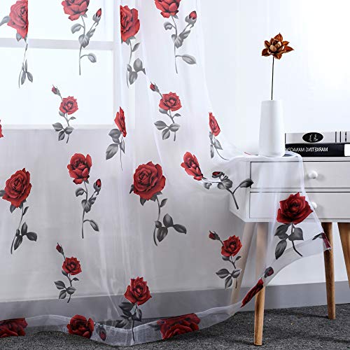 HUTO Weihnachtsvorhänge mit roten Rosen, durchsichtig, für Wohnzimmer, 244 cm, lang, transparent, Vorhänge für Mädchen, Schlafzimmer, Stangentasche, 2 Paneele, 132 x 244 cm Länge von HUTO