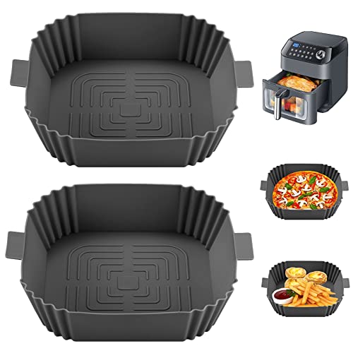 HUTVD 2 Stück Air Fryer Silicone Pot, Silikonform Für Heißluftfritteuse, Quadratisch Heißluftfritteuse Backpapier, Wiederverwendbar Heißluftfritteuse Backform für Backofen, Mikrowelle von HUTVD