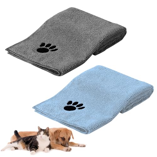 HUTVD Hundehandtuch 75 x 35 cm, 2 Stück Microfaser Handtücher für Hunde Katzen, Hundehandtuch Extra Saugfähig für Katzen Kuschelweich, Schnell Trocknend, Maschinenwaschbar (Grau+Blau) von HUTVD