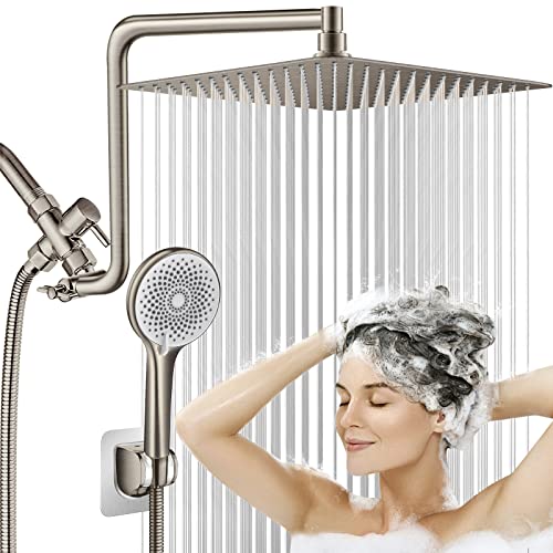 Duschkopf, 30,5 cm Regenduschkopf mit Handbrause, Hochdruck-Duschköpfe mit verbessertem 30,5 cm verstellbarem, gebogenem Dusch-Verlängerungsarm, 6 Einstellungen, Handbrause, integrierte Power-Wash von HUUKE