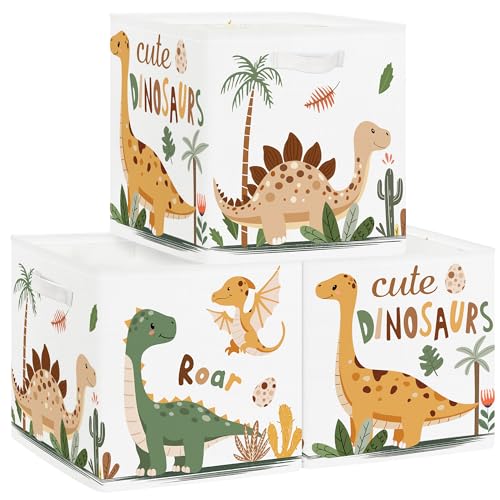 HUUMONSS 30cm Aufbewahrungsbox 3 Stück Boho Dinosaurier Aufbewahrungskorb Kinder Falt Palmen Eier mit Griffen Aufbewahrungswürfel Organizer für Spielzeug Bücher Kleidung,Kakteen von HUUMONSS