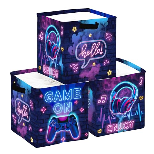 HUUMONSS 30cm Aufbewahrungsbox 3 Stück Gamer Neon Schild Aufbewahrungskorb Kinder Falt Spiel Controller LED Headset mit Griffen Aufbewahrungswürfel Organizer für Spielzeug Bücher Kleidung,Bunte von HUUMONSS
