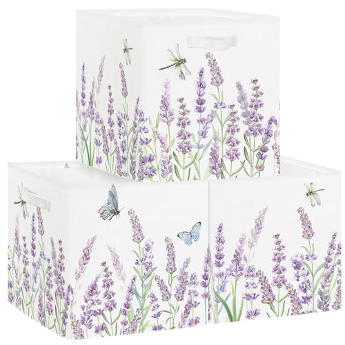 HUUMONSS 30cm Aufbewahrungsbox 3 Stück Wilde Blume Aufbewahrungskorb Kinder Falt Garten Schmetterling mit Griffen Aufbewahrungswürfel Organizer für Spielzeug Bücher Kleidung,Lavendel von HUUMONSS