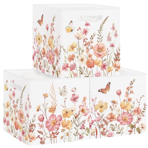 HUUMONSS 30cm Aufbewahrungsbox 3 Stück Wilde Blume Aufbewahrungskorb Kinder Falt Garten Schmetterling mit Griffen Aufbewahrungswürfel Organizer für Spielzeug Bücher Kleidung,Wildpflanzen von HUUMONSS